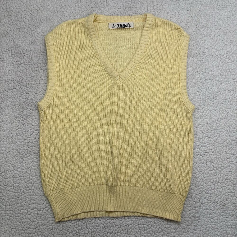 Vintage Le Tigre Sweater Vest Butter Yellow Mens Large V-Neck Made in USA Knit